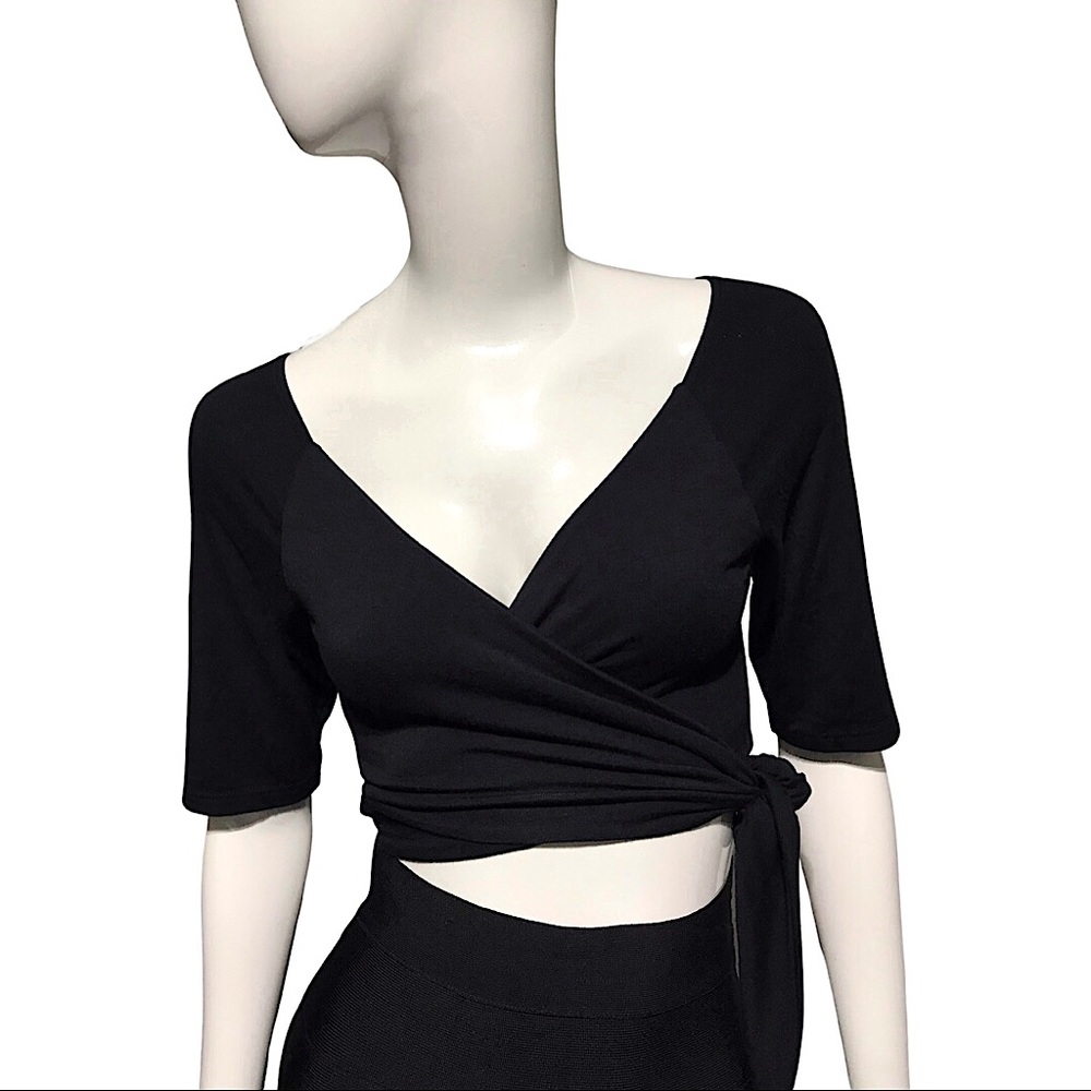 Black Ballet Wrap Top with V Neck